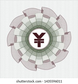 Green and Red money style emblem or rosette with yuan icon inside