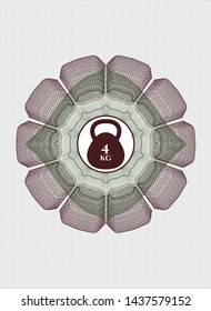 Green and Red money style emblem or rosette with 4kg kettlebell icon inside
