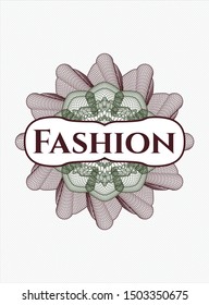 Green and Red money style emblem or rosette with text Fashion inside