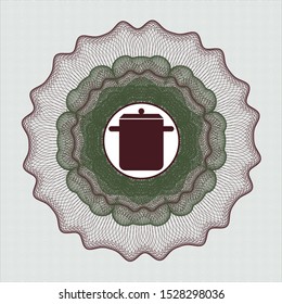 Green and Red money style emblem or rosette with cooking pot icon inside
