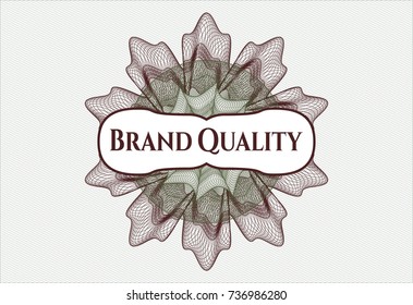 Green and Red money style emblem or rosette with text Brand Quality inside