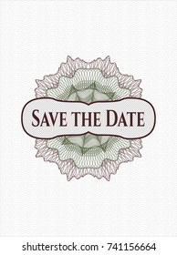 Green and Red money style emblem or rosette with text Save the Date inside