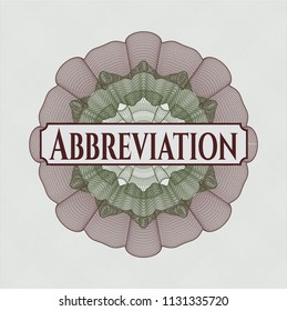 Green and Red money style rosette with text Abbreviation inside