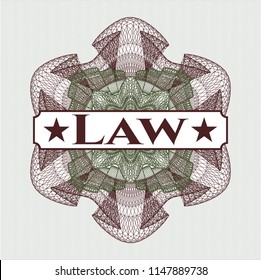 Green and Red money style rosette with text Law inside
