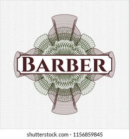 Green and Red money style rosette with text Barber inside