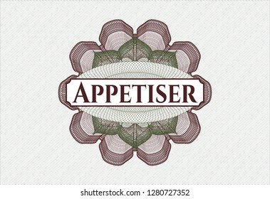 Green and Red money style rosette with text Appetiser inside