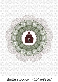 Green and Red money style rosette with man working on computer icon inside
