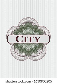 Green and Red money style rosette with text City inside