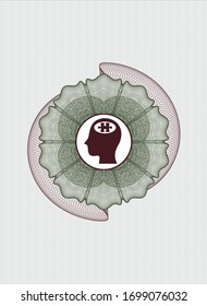 Green and Red money style rosette with head with jigsaw puzzle piece icon inside