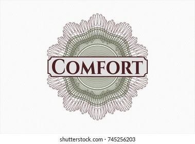 Green and Red money style rosette with text Comfort inside