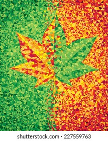 Green and red mosaic background with maple leaf. Eps8. CMYK. Organized by layers. Global colors. Gradients free.