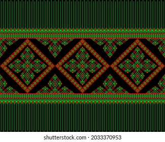Green Red Native or Tribe Seamless Pattern on Black Background in Symmetry Rhombus Geometric Bohemian Style for Clothing or Apparel,Embroidery,Fabric,Package Design