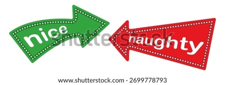 Green and red nice and naughty arrow signage photo booth prop for Christmas party and holiday social event fun decoration.