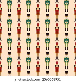 Green and Red Nutcracker Soldiers Seamless Pattern. Vector Illustration of Merry Christmas and Happy New Year Holiday Background. Winter Seasonal Greetings. Flat Style.