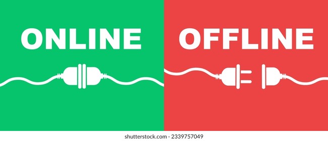 Green and red offline or online cable. Internet connection. Unplug plug. Vector 10 Eps.