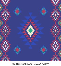 Green and red on a blue background, Aztec-style seamless pattern. Tribal vector texture. Aztec background. Design for elaborate borders, wallpaper, rugs, curtains, and textiles.