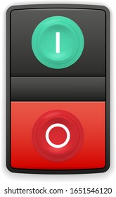 Green and red ON-OFF switch buttons on gray body with shadow - isolated on white background. Vector illustration.