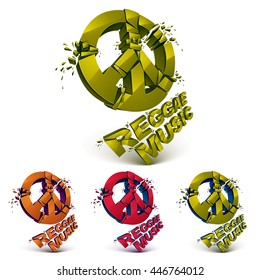 Green, red and orange 3d vector peace signs collection created from refractions isolated on white. Set of reggae music theme three-dimensional transform design elements. 