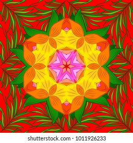 Green, red and orange colors with colored ornament mandala, based on ancient greek and islamic ornaments. For wedding invitation, book cover or flyer.