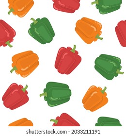 Green, red and orange peppers seamless pattern. Healthy vegetable background. Organic food ingredient print in cartoon style. Vector illustration