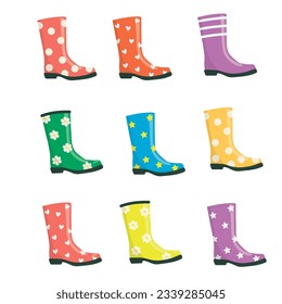 Green, red, orange, violet rubber boots with daisies, hearts in cartoon style. Vector illustration set