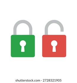 Ilustración de candados verdes y rojos que simbolizan la seguridad y el control de acceso con estados bloqueados y desbloqueados en contraste aislados sobre un fondo blanco