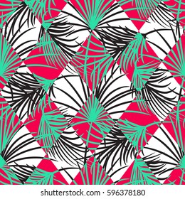 Green and red palm leaves and harlequin rhombs seamless vector pattern on white background. Tropical jungle nature leaf.