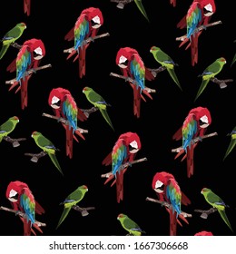Green red parrot seamless pattern on a black background for wallpaper, wrapping, packing, and backdrop. 