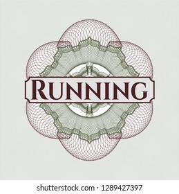 Green and Red passport money rosette with text Running inside