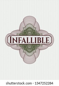 Green and Red passport money rosette with text Infallible inside