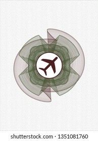 Green and Red passport money rosette with plane icon inside