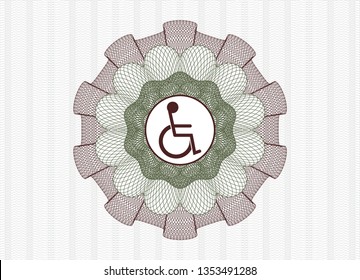Green and Red passport money rosette with disabled (wheelchair) icon inside