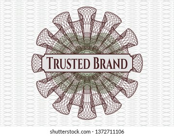 Green and Red passport money rosette with text Trusted Brand inside