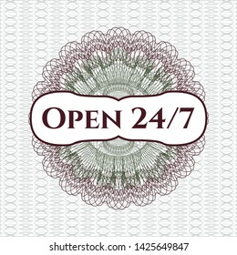 Green and Red passport money rosette with text Open 24/7 inside