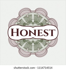 Green and Red passport money style rossete with text Honest inside