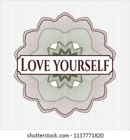 Green and Red passport money style rossete with text Love Yourself inside