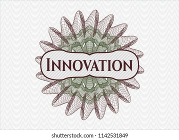 Green and Red passport money style rosette with text Innovation inside