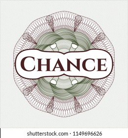 Green and Red passport money style rossete with text Chance inside