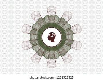 Green and Red passport money style rossete with head with gears inside icon inside