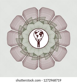 Green and Red passport money style rosette with man lifting world icon inside