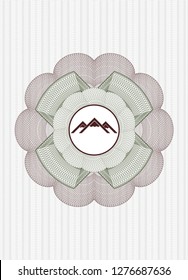 Green and Red passport money style rosette with mountain icon inside