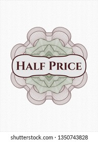 Green and Red passport money style rosette with text Half Price inside