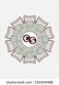 Green and Red passport money style rosette with currency exchange icon inside