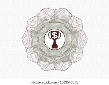 Green and Red passport money style rosette with trophy with money symbol inside icon inside
