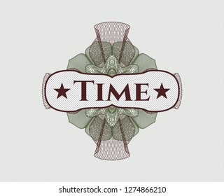 Green and Red passport rosette with text Time inside