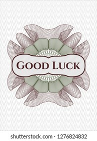 Green and Red passport rosette with text Good Luck inside
