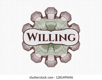 Green and Red passport rosette with text Willing inside