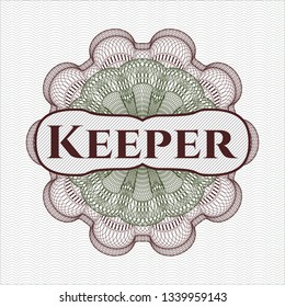 Green and Red passport rosette with text Keeper inside