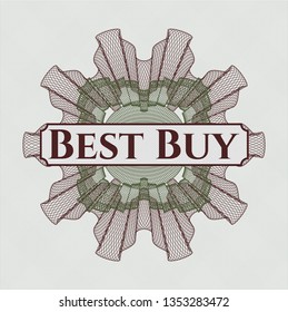 Green and Red passport rosette with text Best Buy inside