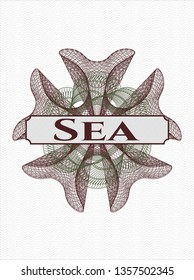 Green and Red passport rosette with text Sea inside